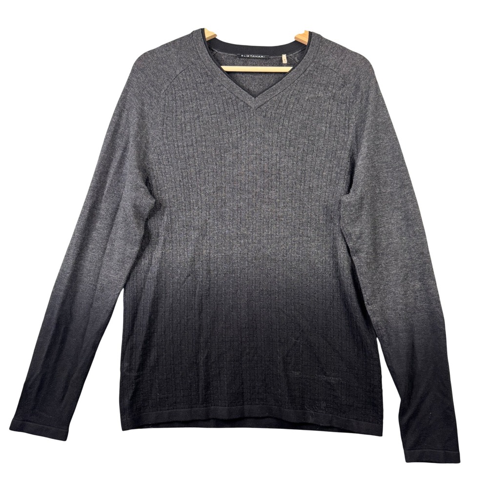 Elie Tahari Mens Gray Black Ombre 100% Merino Wool V-Neck Knit Sweater Small